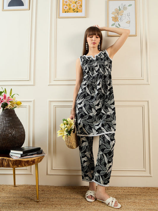 Indo Era Black Printed Straight Kurta Trousers set