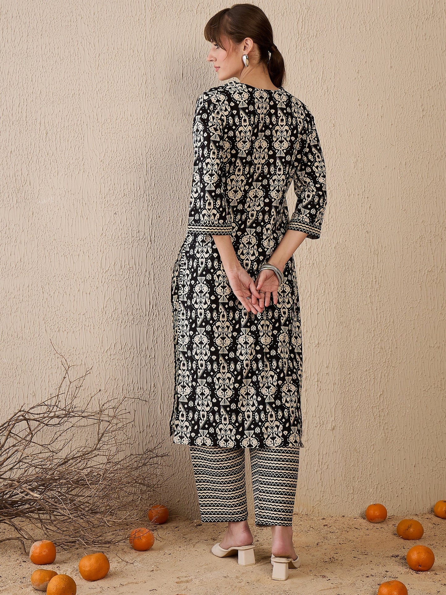 Indo Era Black Printed Straight Kurta Trousers Set