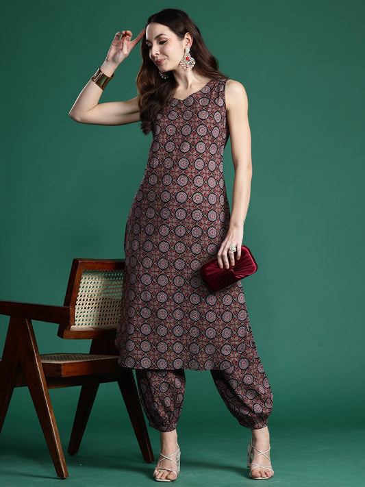 Indo Era Black Printed Straight Kurta Trousers Set