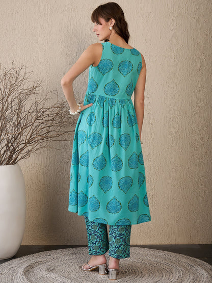 Indo Era Blue Printed Anarkali Kurta Palazzos Set