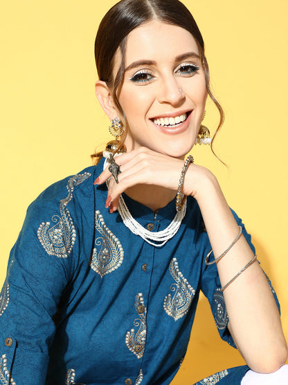 Indo Era Blue Printed Asymmetric Kurta With Trouser Set