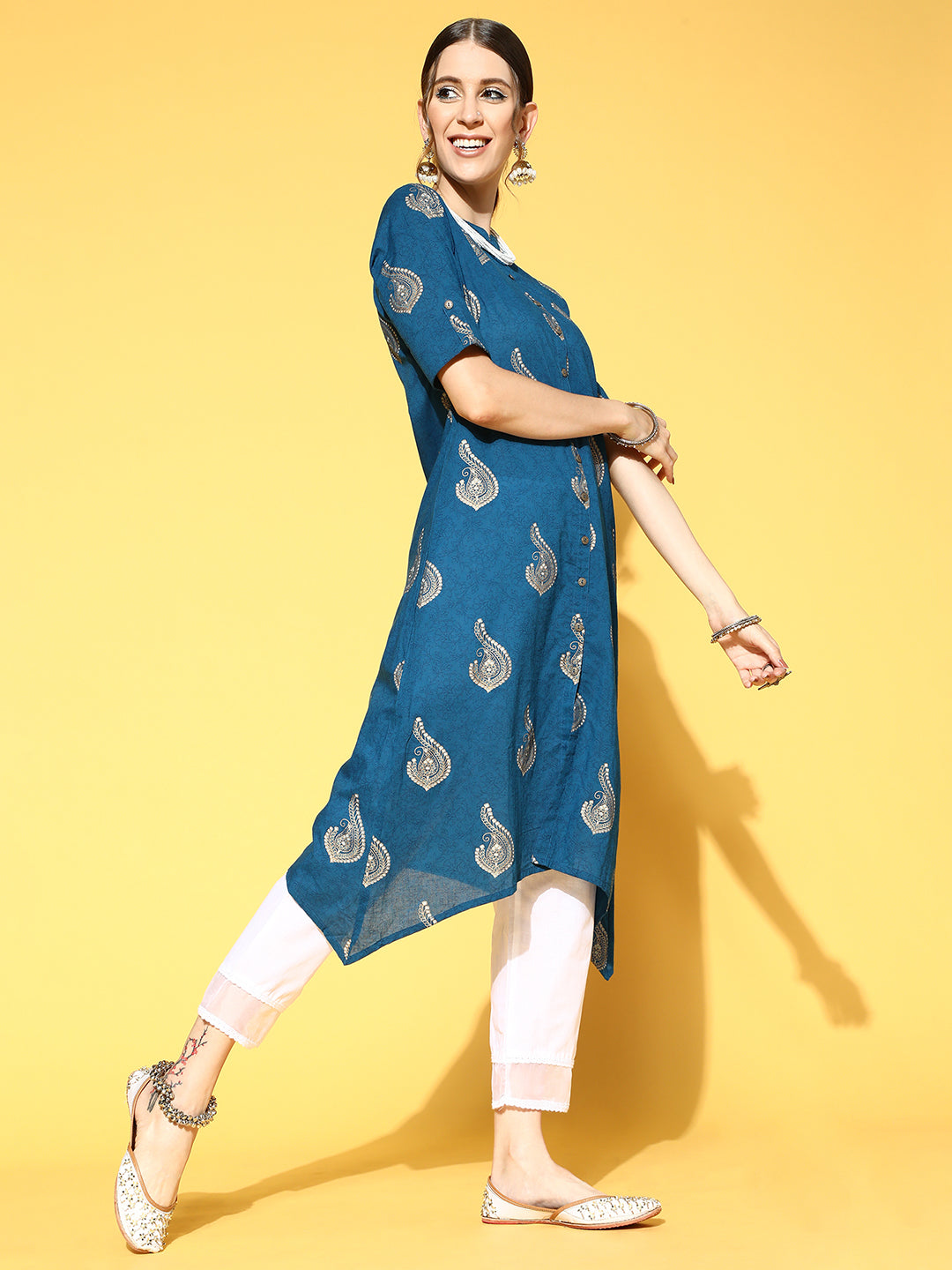 Indo Era Blue Printed Asymmetric Kurta With Trouser Set