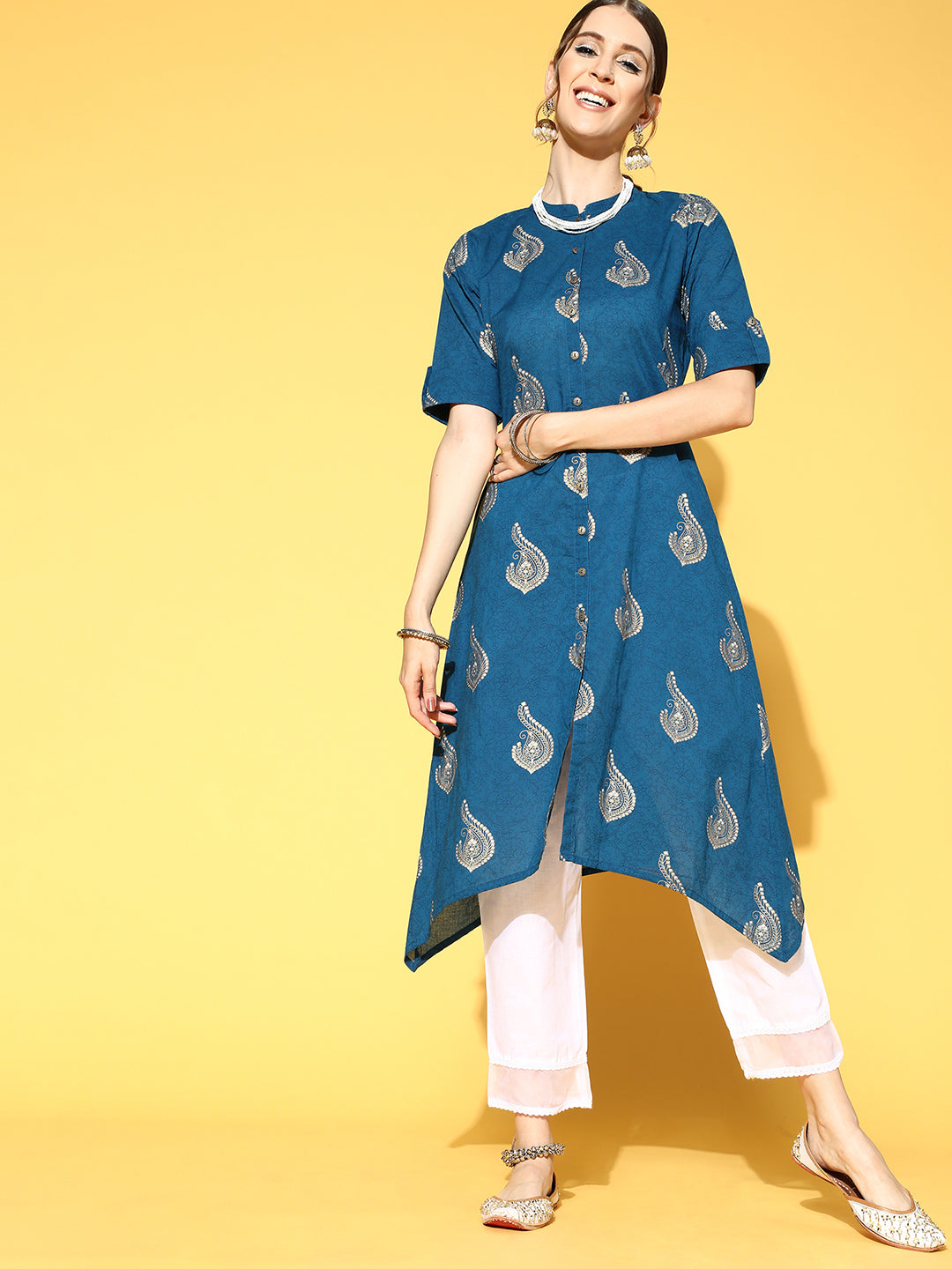 Indo Era Blue Printed Asymmetric Kurta With Trouser Set