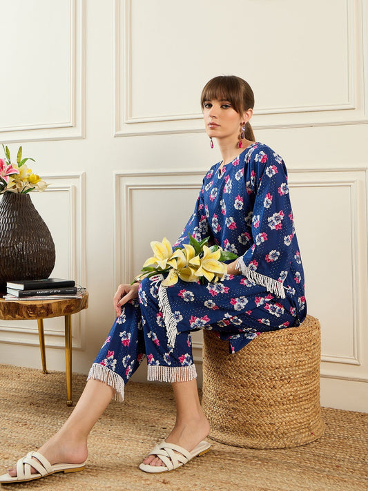 Indo Era Blue Printed Straight Kurta Trousers set