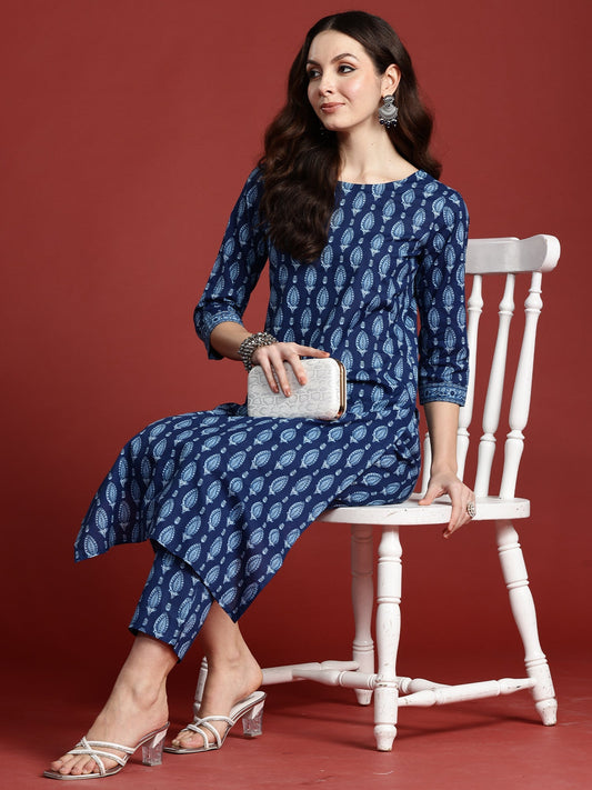 Indo Era Blue Printed Straight Kurta Trousers Set