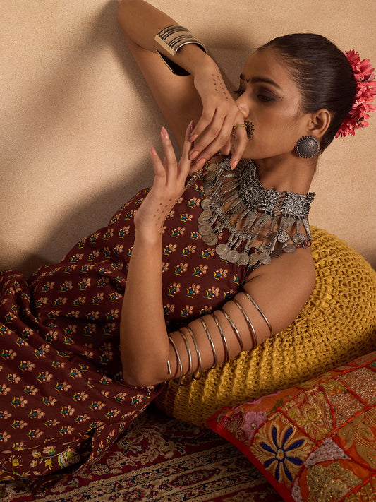 Indo Era Brown Printed Straight Kurta Trousers set
