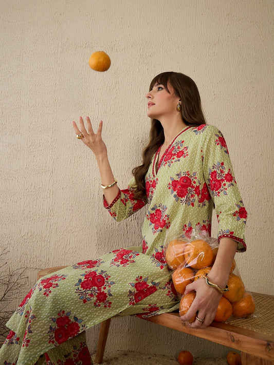 Indo Era Green Printed Straight Kurta Trousers Set