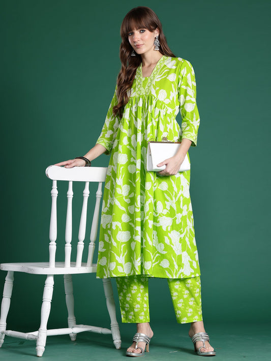 Green Printed A-Line Kurta Trousers Set