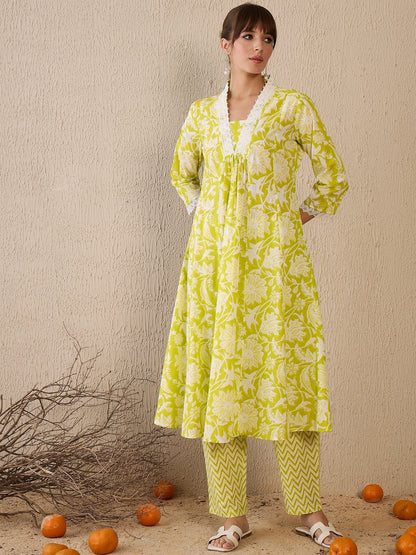 Indo Era Green Printed A-Line Kurta Trousers Set