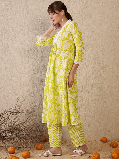 Indo Era Green Printed A-Line Kurta Trousers Set
