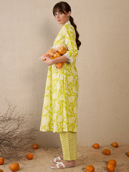 Indo Era Green Printed A-Line Kurta Trousers Set