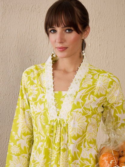 Indo Era Green Printed A-Line Kurta Trousers Set