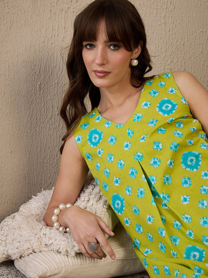 Indo Era Green Printed A-Line Kurta Trousers Set