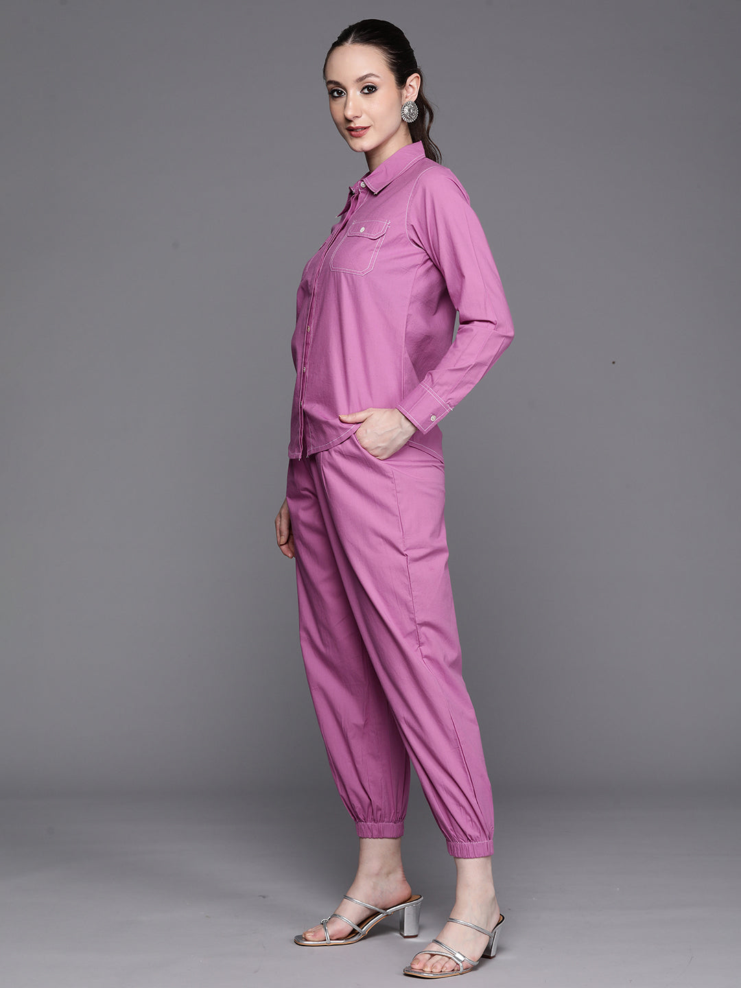 Indo Era Lavender solid Shirt with Joggers