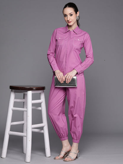 Indo Era Lavender solid Shirt with Joggers