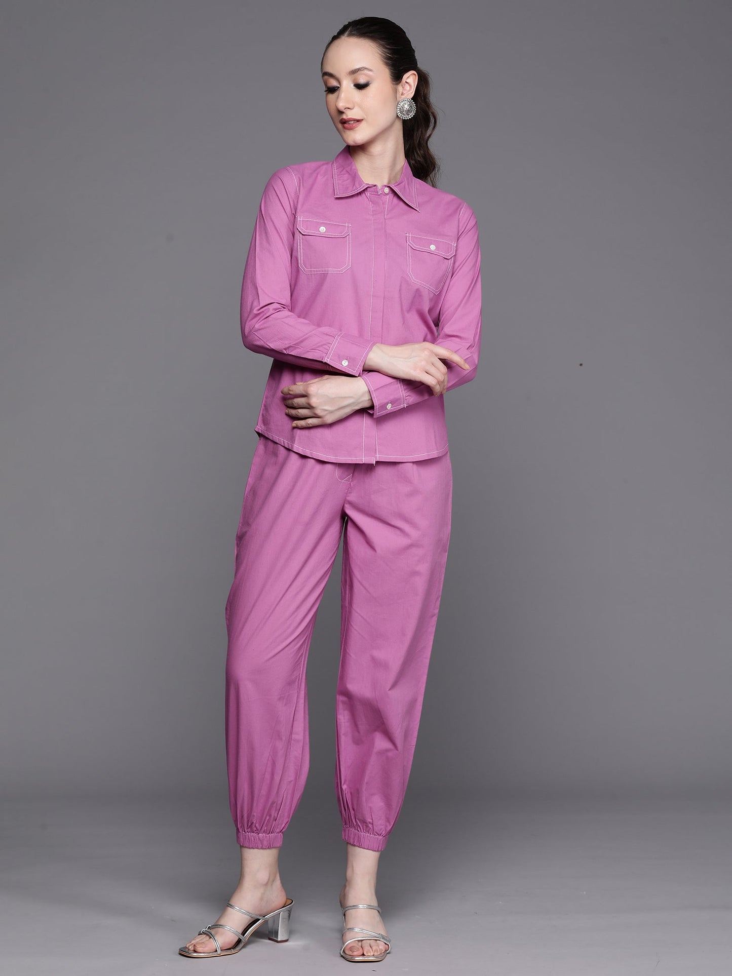 Indo Era Lavender solid Shirt with Joggers