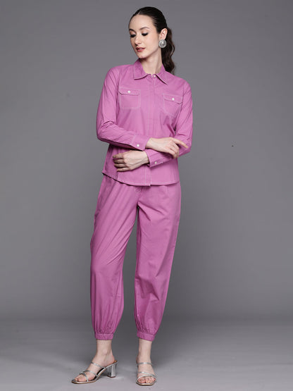 Indo Era Lavender solid Shirt with Joggers