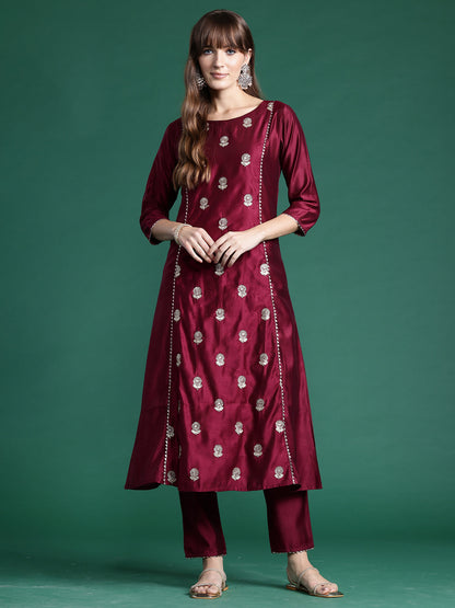 Indo Era Burgundy Embroidered A-Line Kurta Trousers set
