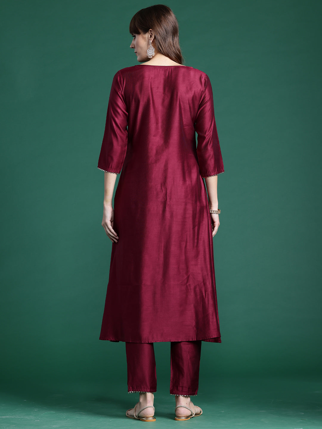 Indo Era Burgundy Embroidered A-Line Kurta Trousers set