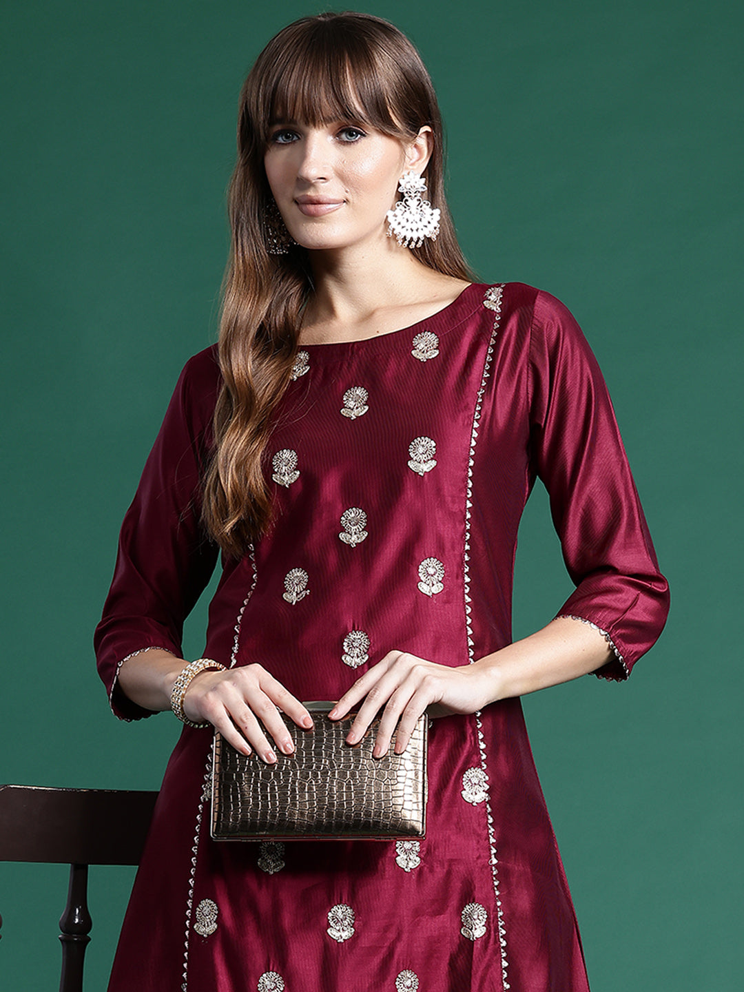 Indo Era Burgundy Embroidered A-Line Kurta Trousers set