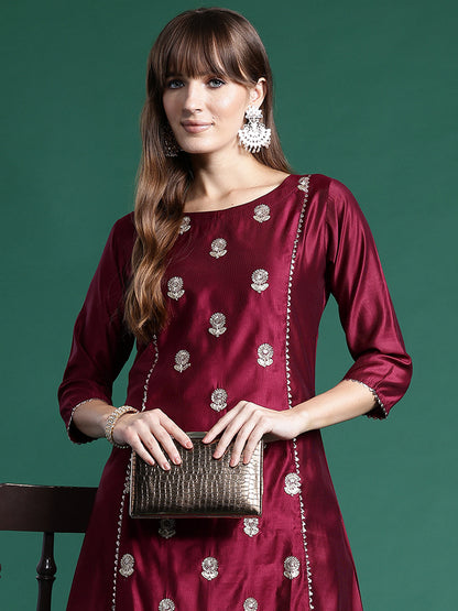 Indo Era Burgundy Embroidered A-Line Kurta Trousers set