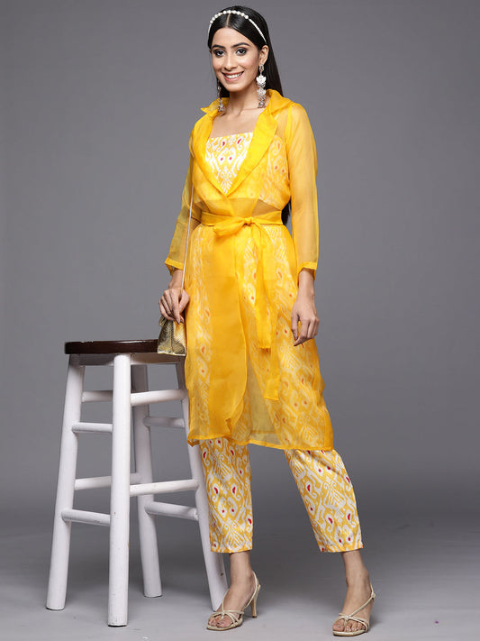 Indo Era Kesariya Yellow Printed A-Line Kurta with Trouser Set