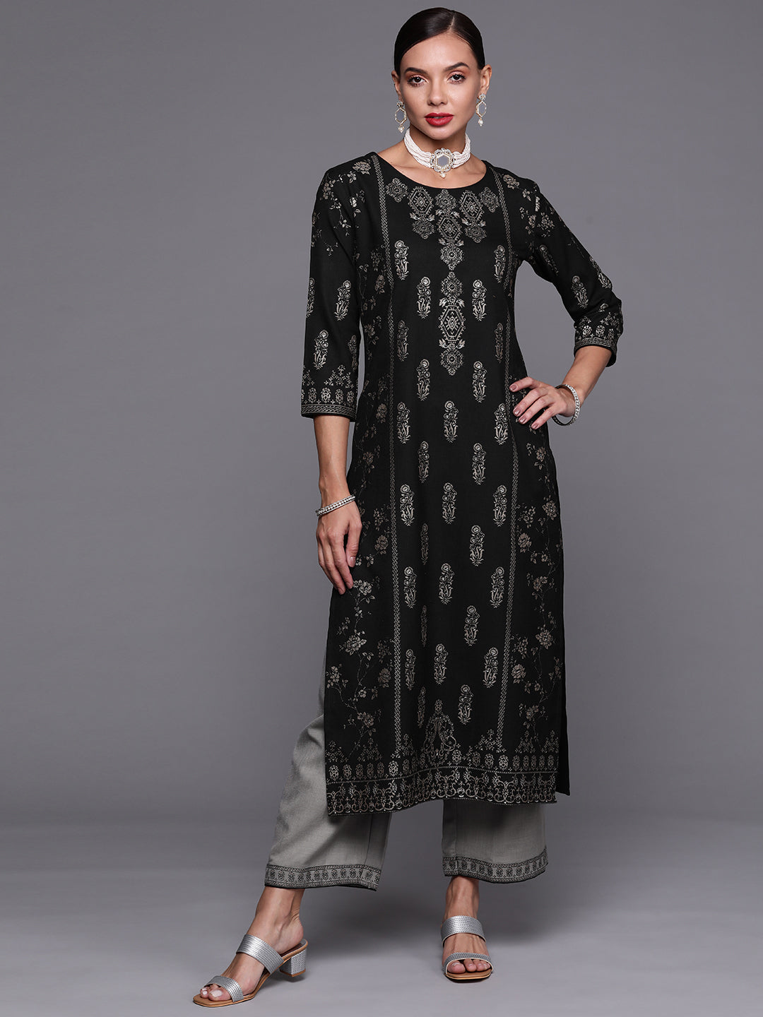 Indo Era Black Foil Printed Straight Kurta With Palazzo Set