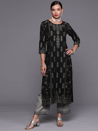 Indo Era Black Foil Printed Straight Kurta With Palazzo Set
