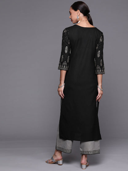 Indo Era Black Foil Printed Straight Kurta With Palazzo Set
