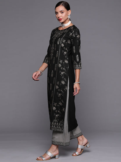 Indo Era Black Foil Printed Straight Kurta With Palazzo Set