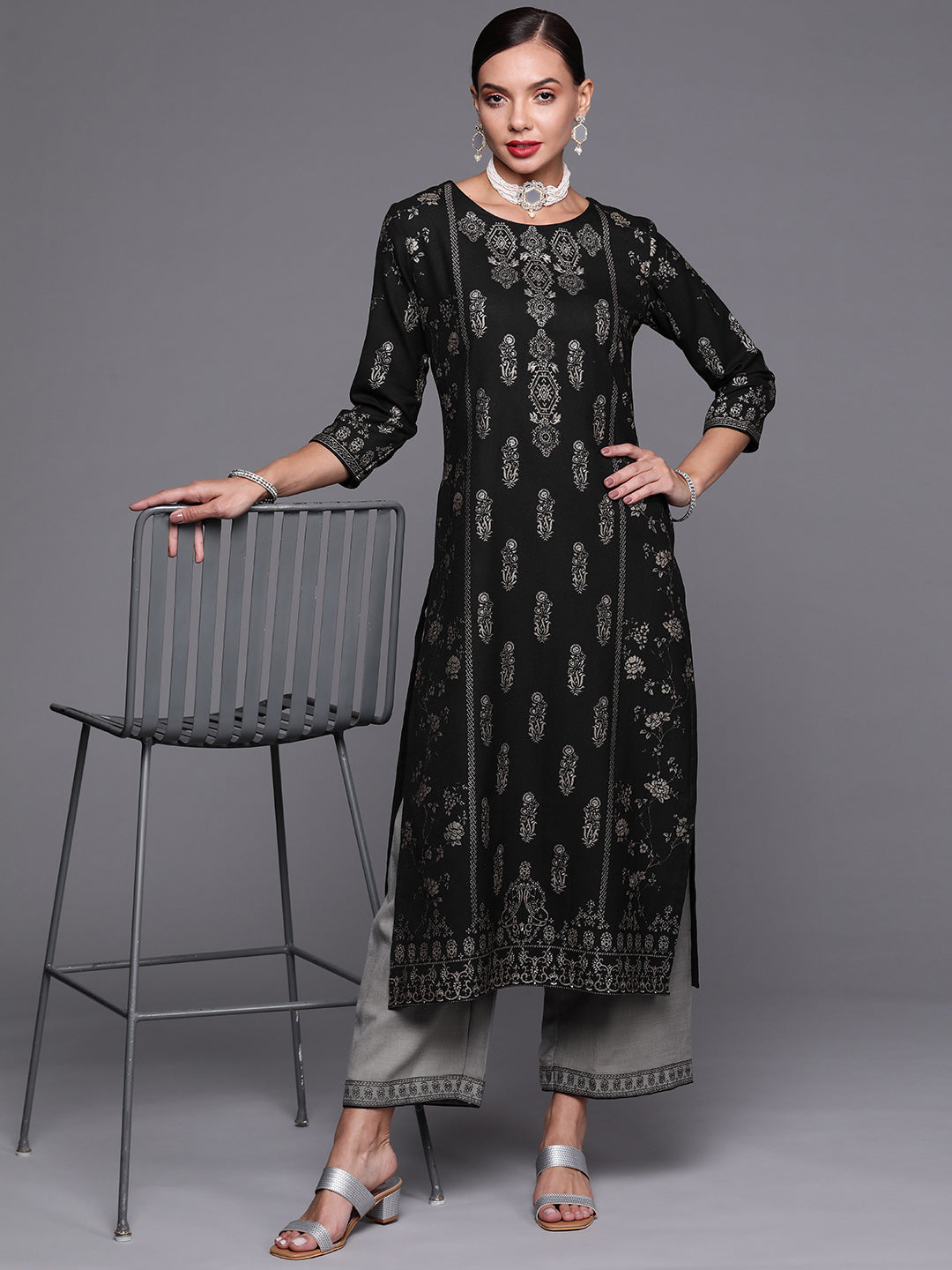 Indo Era Black Foil Printed Straight Kurta With Palazzo Set