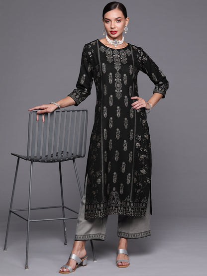 Indo Era Black Foil Printed Straight Kurta With Palazzo Set