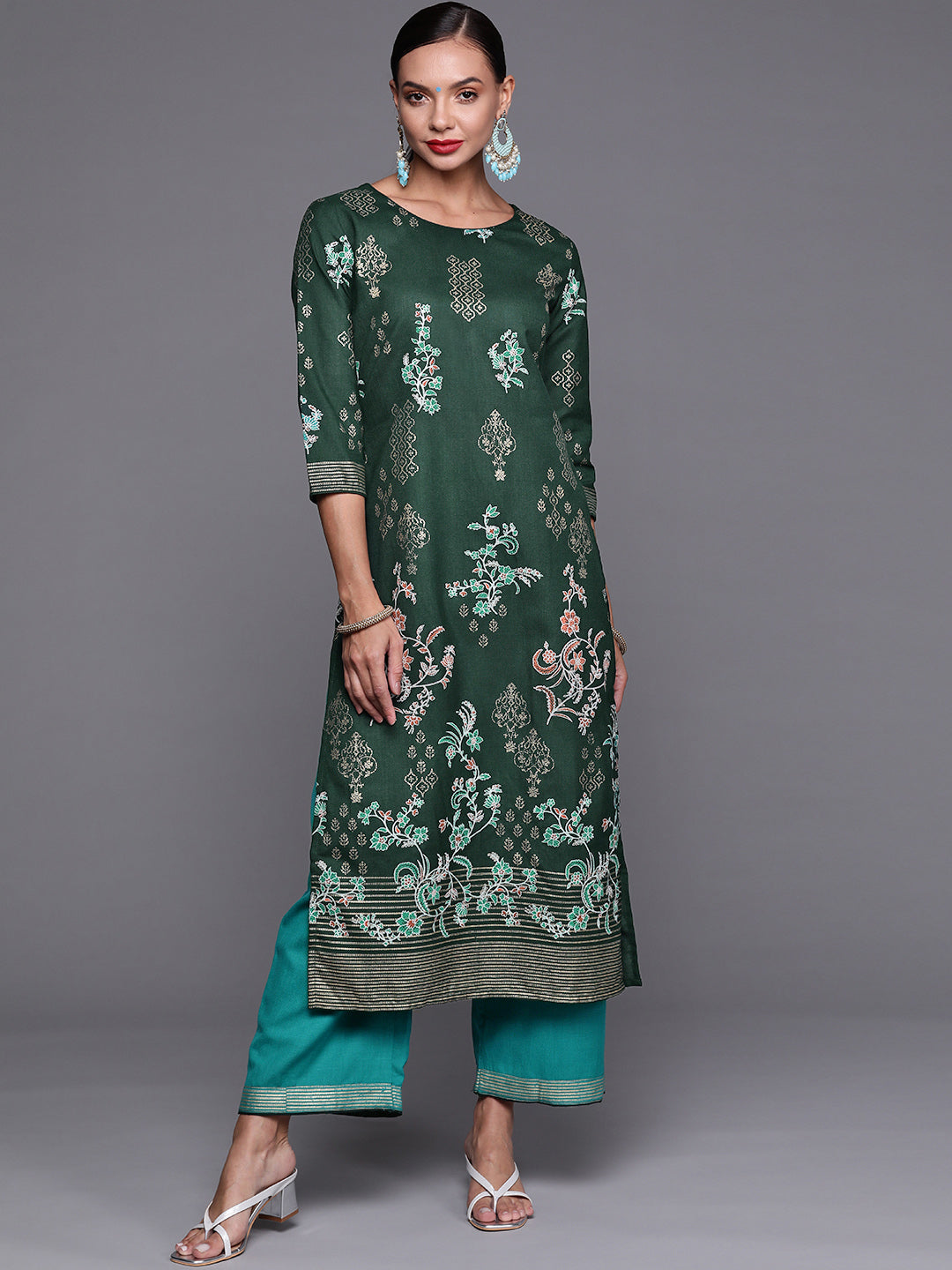 Indo Era Green Foil Printed Straight Kurta With Palazzo Set