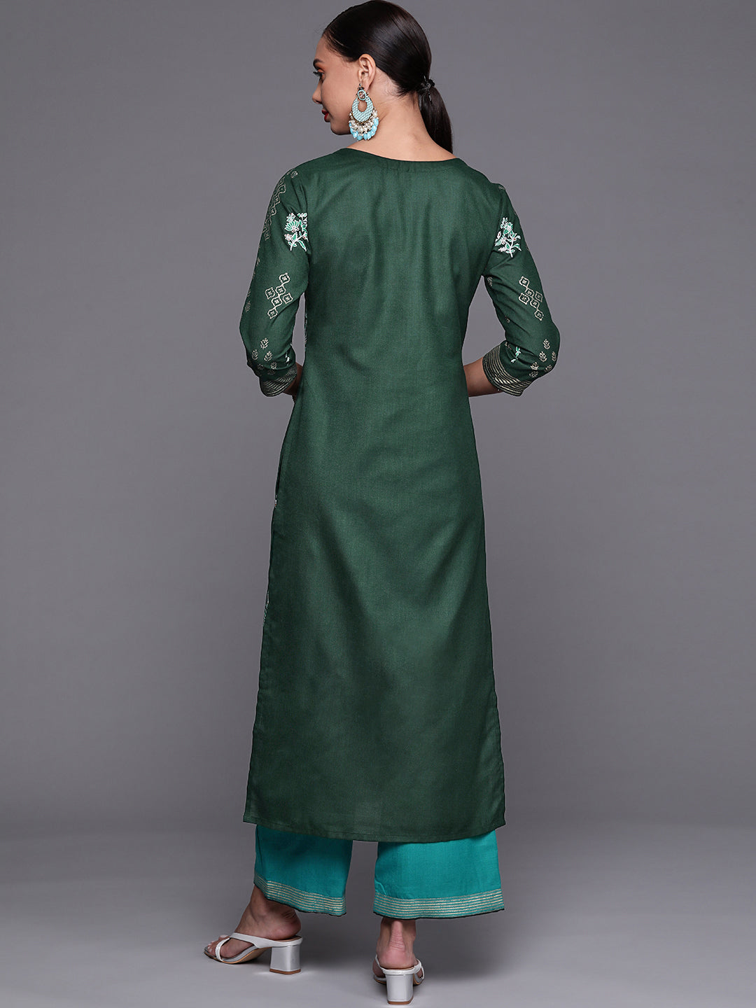 Indo Era Green Foil Printed Straight Kurta With Palazzo Set