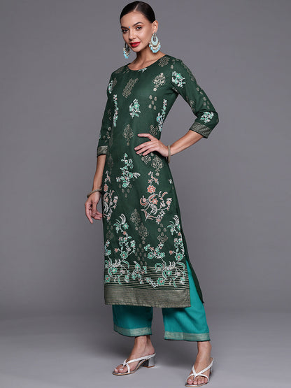 Indo Era Green Foil Printed Straight Kurta With Palazzo Set