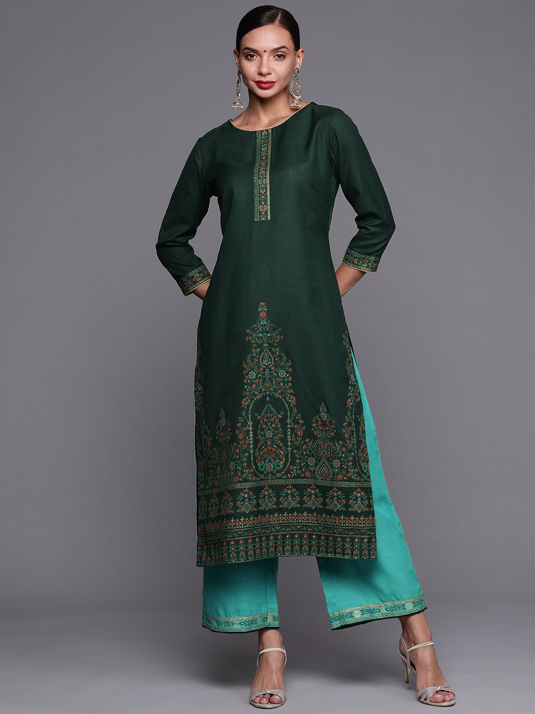 Indo Era Green Foil Printed Straight Kurta With Palazzo Set