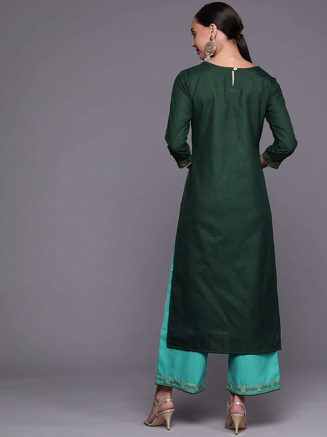 Indo Era Green Foil Printed Straight Kurta With Palazzo Set
