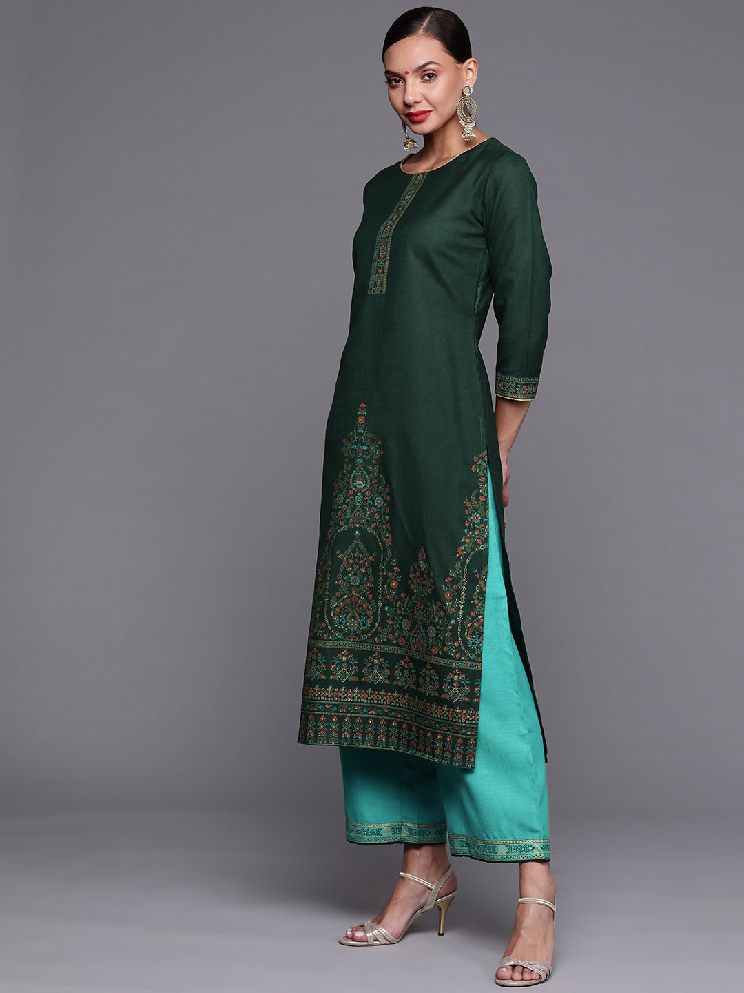 Indo Era Green Foil Printed Straight Kurta With Palazzo Set