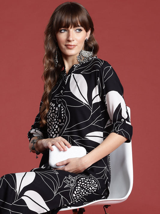 Indo Era Black Printed Straight Kurta Palazzos  Set