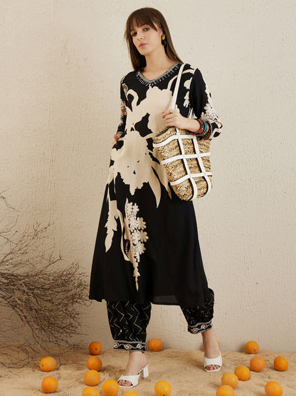 Indo Era Black Printed A-Line Kurta Salwar set