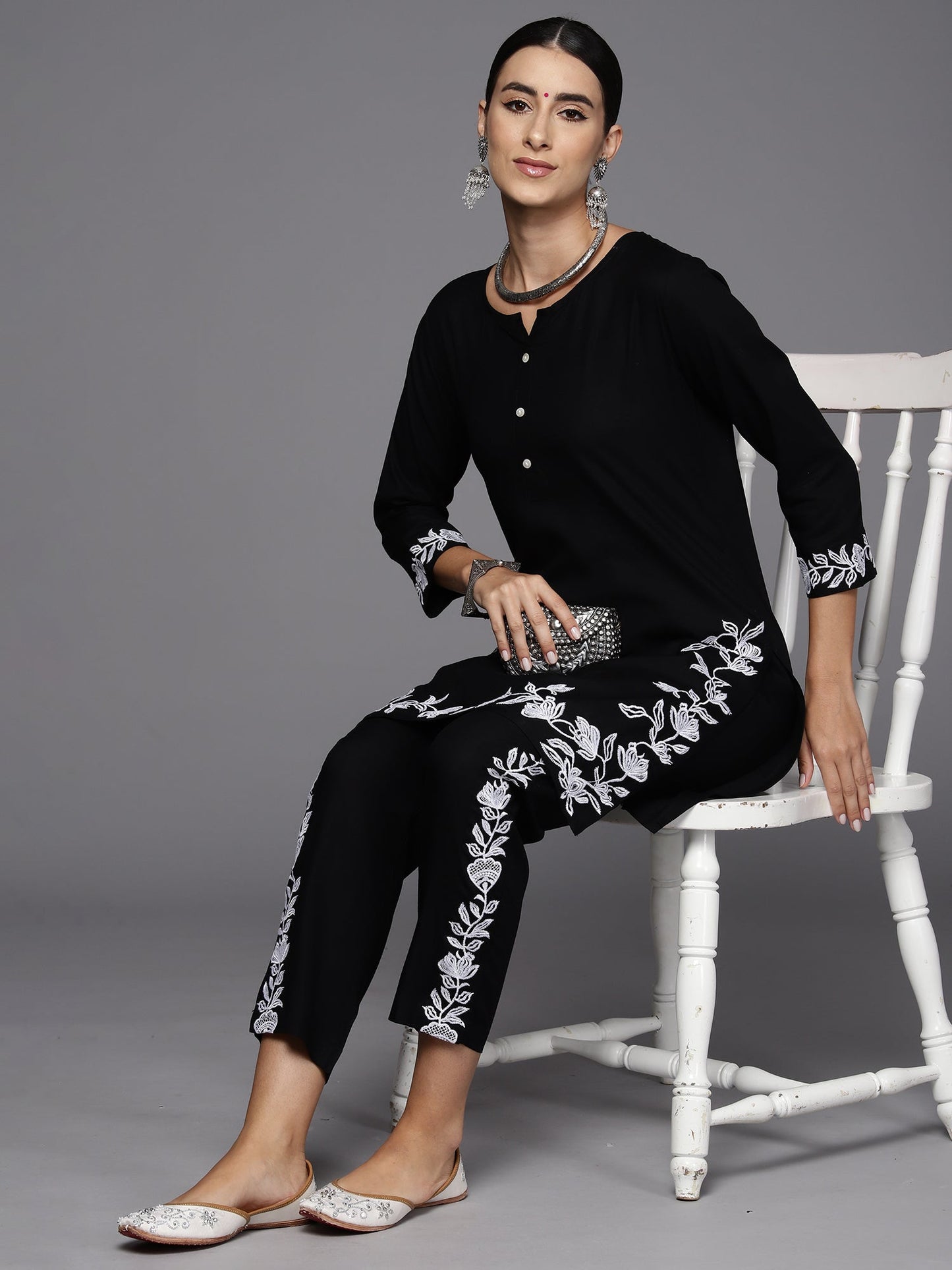 Indo Era Black Embellished Smart Casual Co-Ords Set
