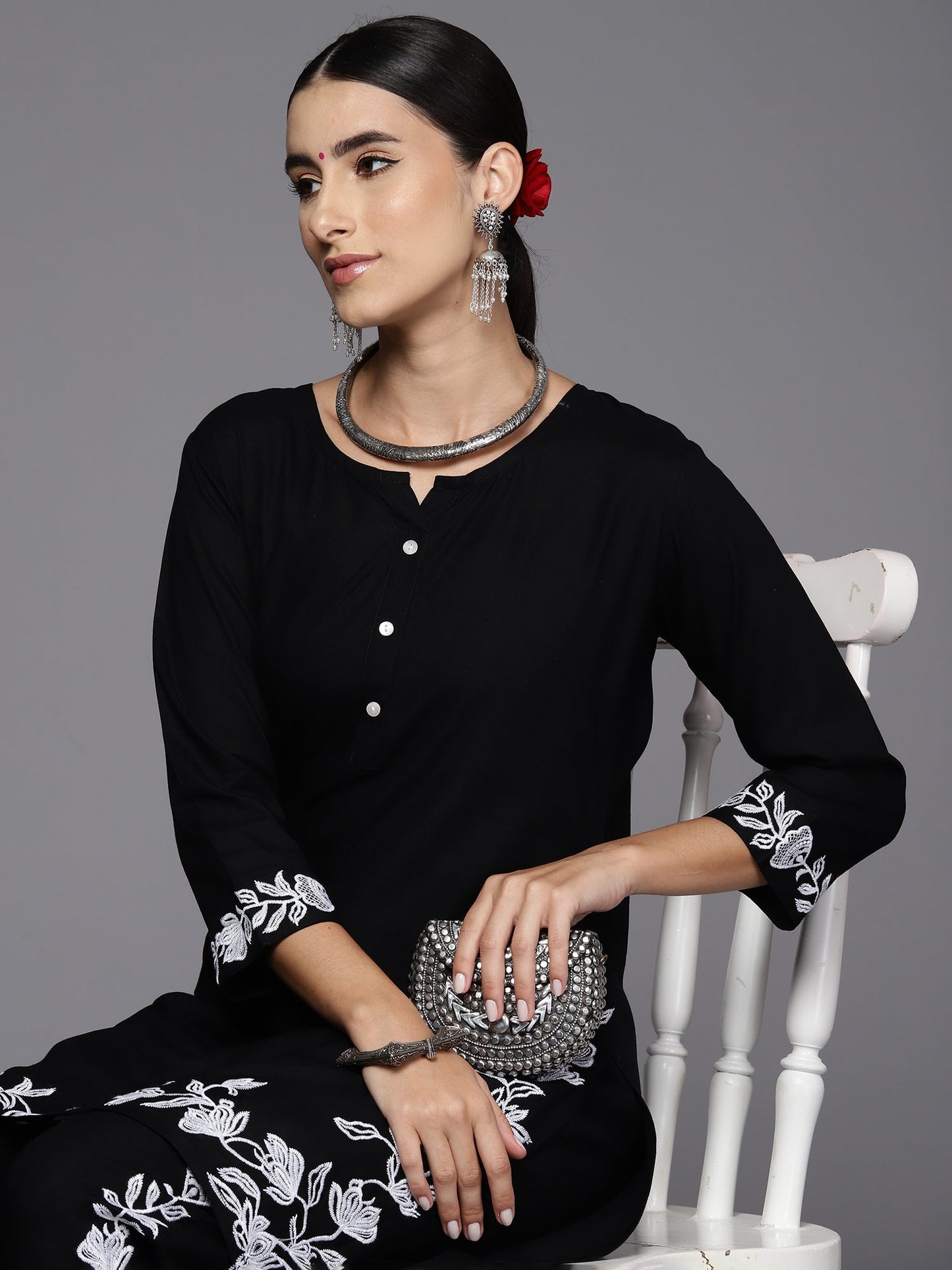Indo Era Black Embellished Smart Casual Co-Ords Set