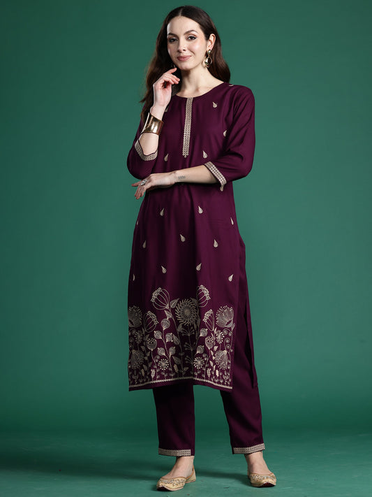 Burgundy Embroidered Straight Kurta Trousers Set