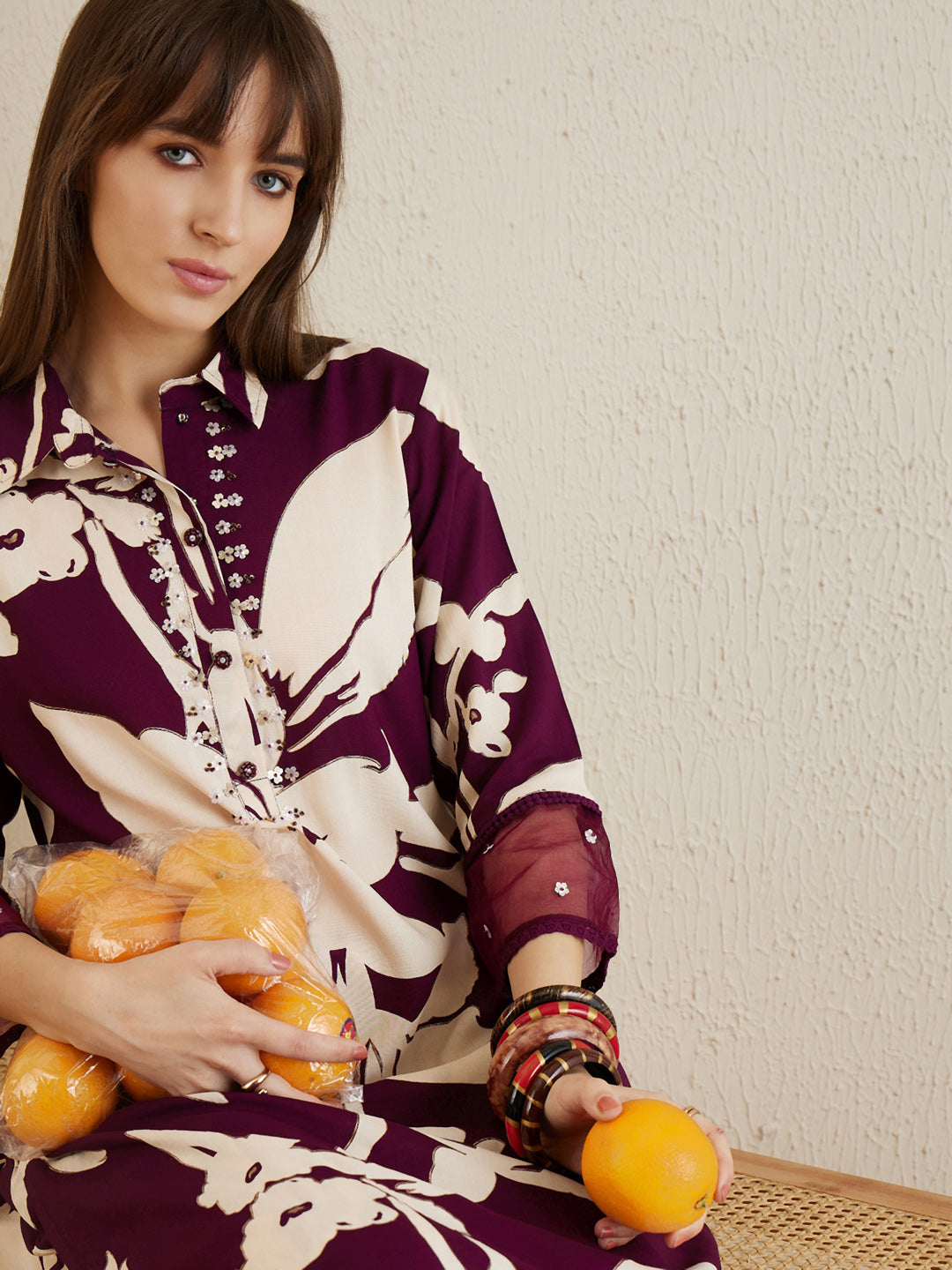 Indo Era Burgundy Printed Straight Kurta Trousers set