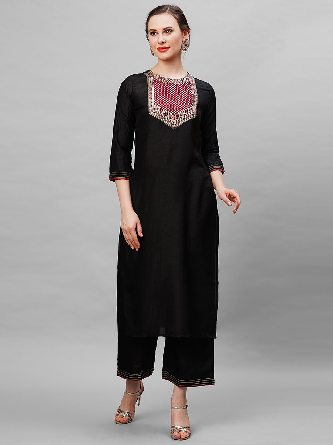 Indo Era Black Kurta With Yoke And Palazzo Set