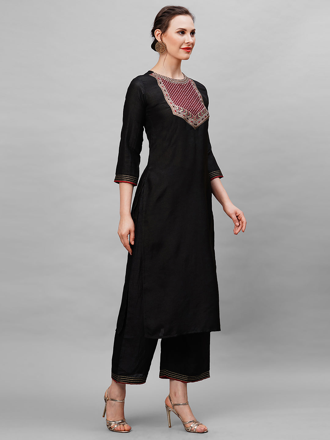 Indo Era Black Kurta With Yoke And Palazzo Set