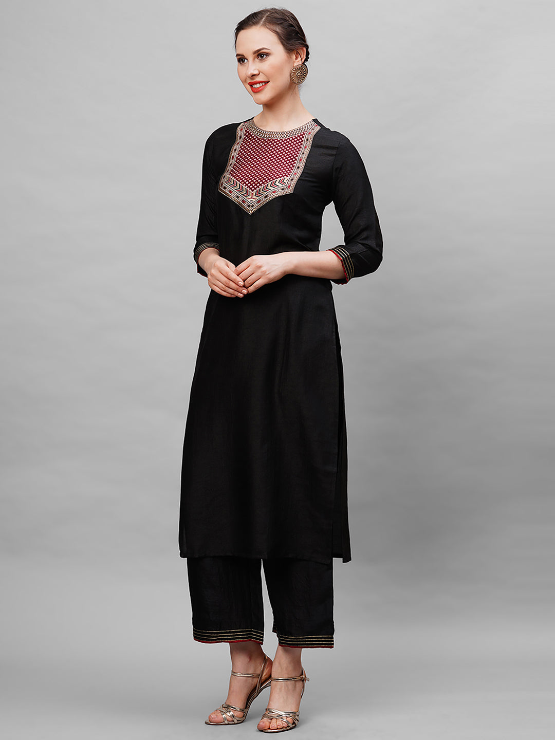 Indo Era Black Kurta With Yoke And Palazzo Set