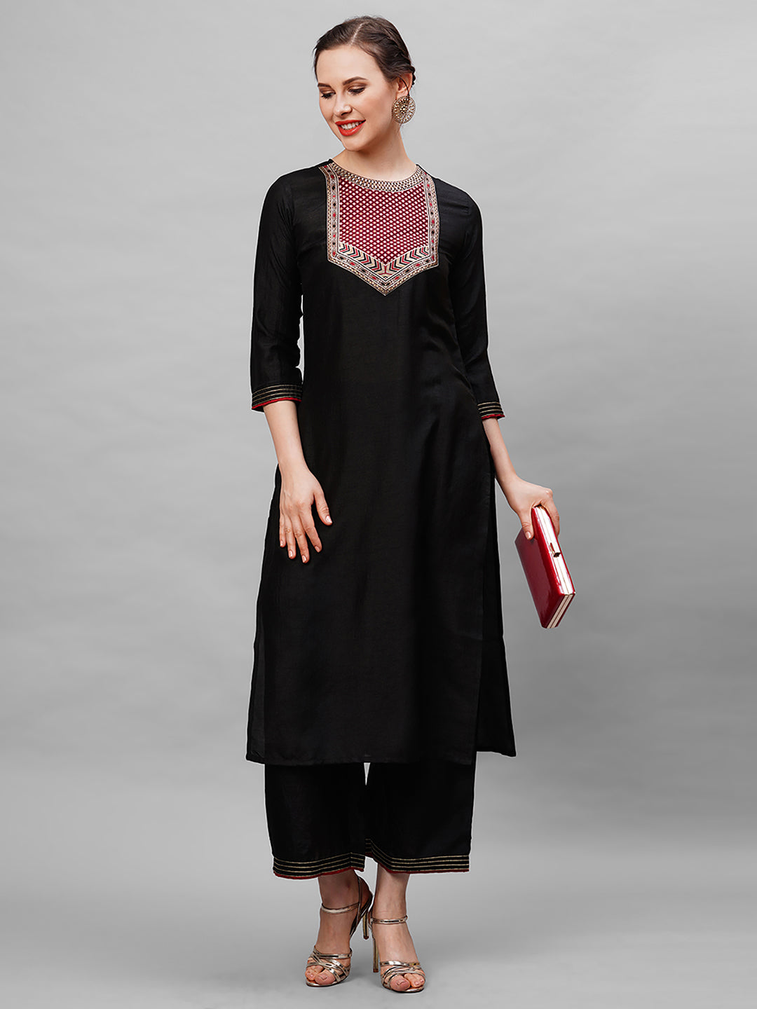 Indo Era Black Kurta With Yoke And Palazzo Set