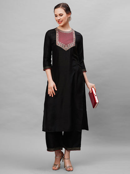 Indo Era Black Kurta With Yoke And Palazzo Set