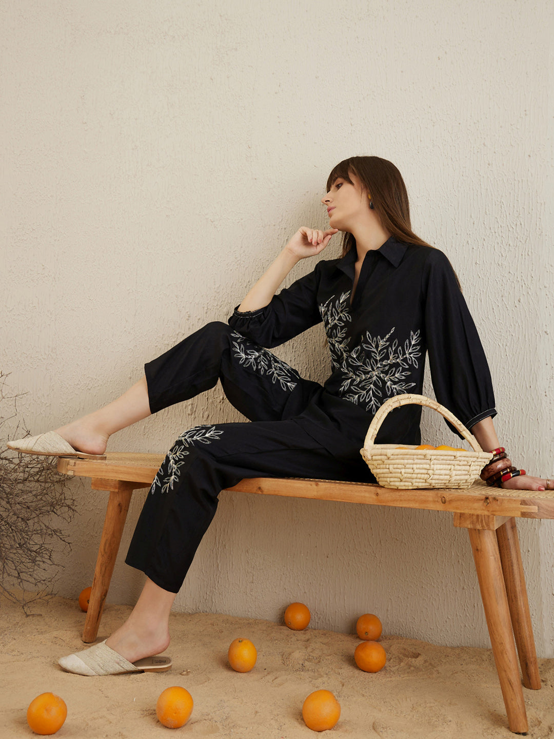 Indo Era Black Embellished Smart Casual Co-Ords set